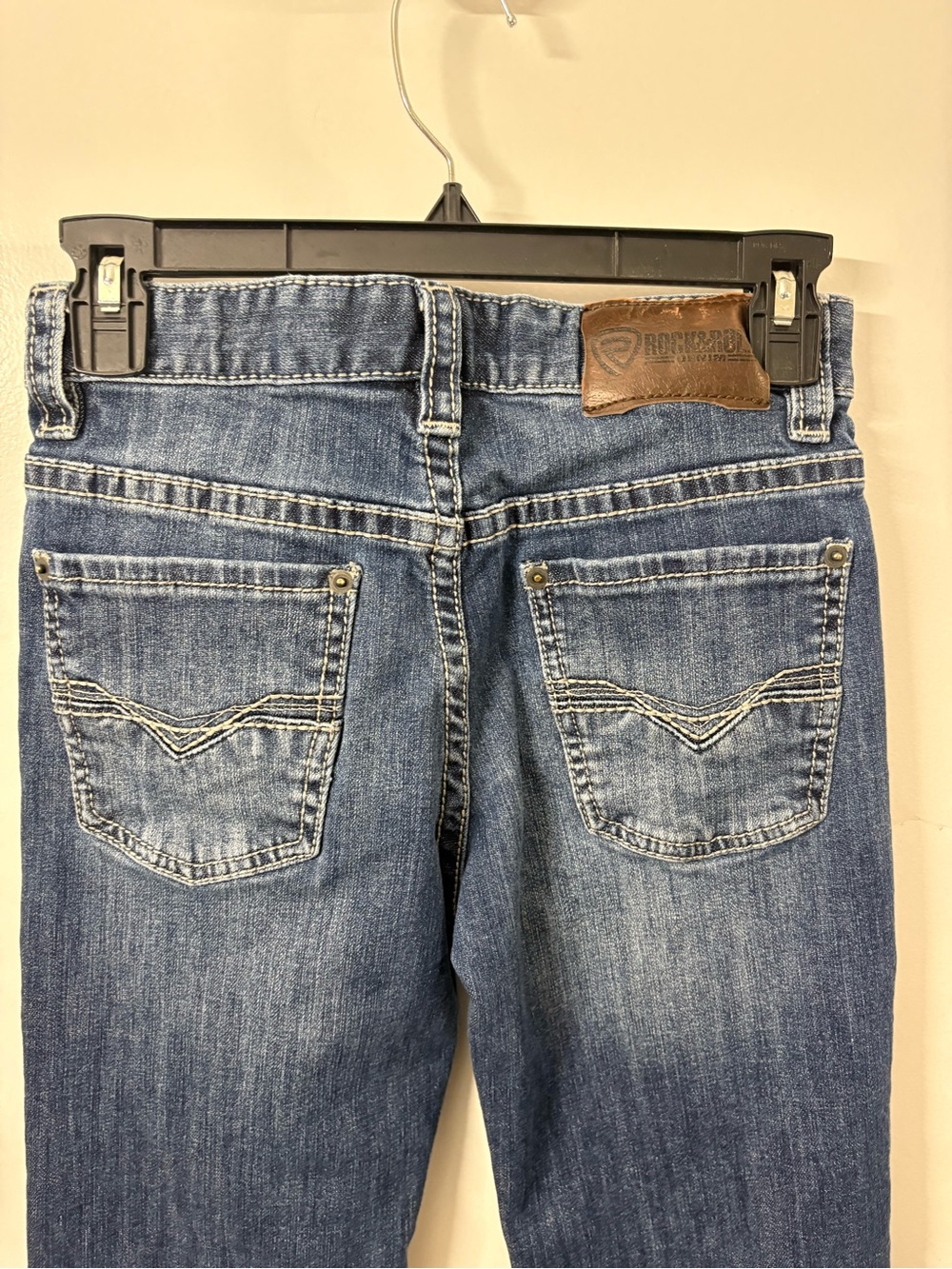 Kids Stretch Denim Jeans in Blue with Leather Patch